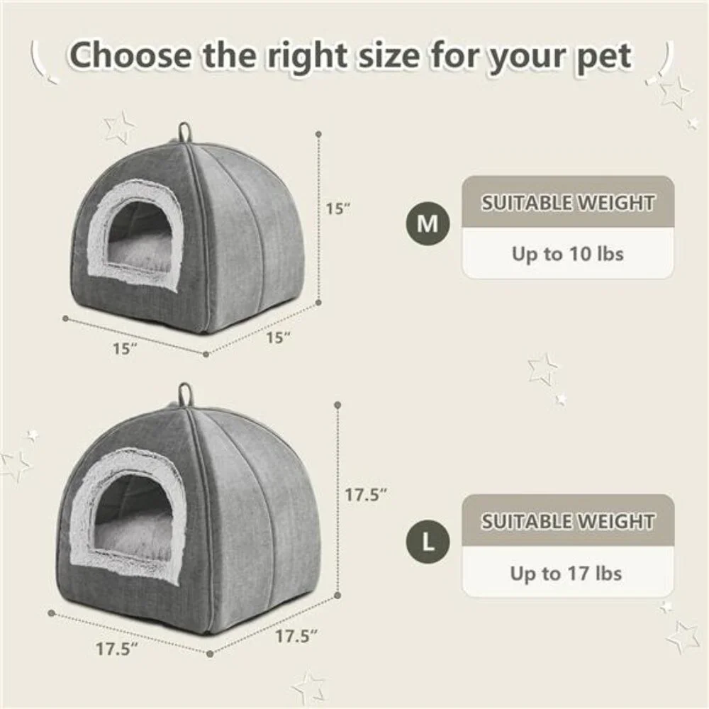 Cat Bed Cave Indoor Cat Tent Small Pets Soft Warm Foldable Washable Grey 15 Inch
